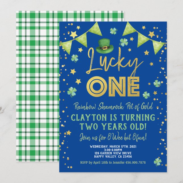 Lucky One Boy 1st Birthday St Patrick's Day Party Invitation (Front/Back)