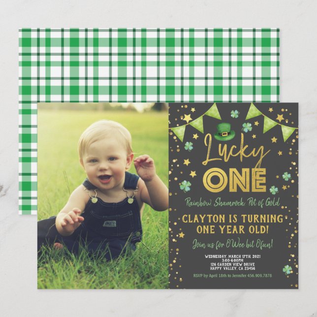 Lucky One First Birthday St Patrick's Day Photo Invitation (Front/Back)