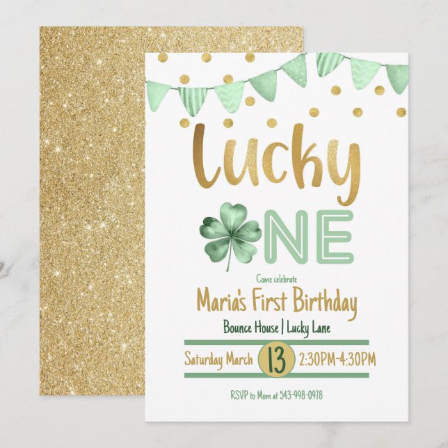 Lucky One Gold First Birthday Invitation (Front/Back)