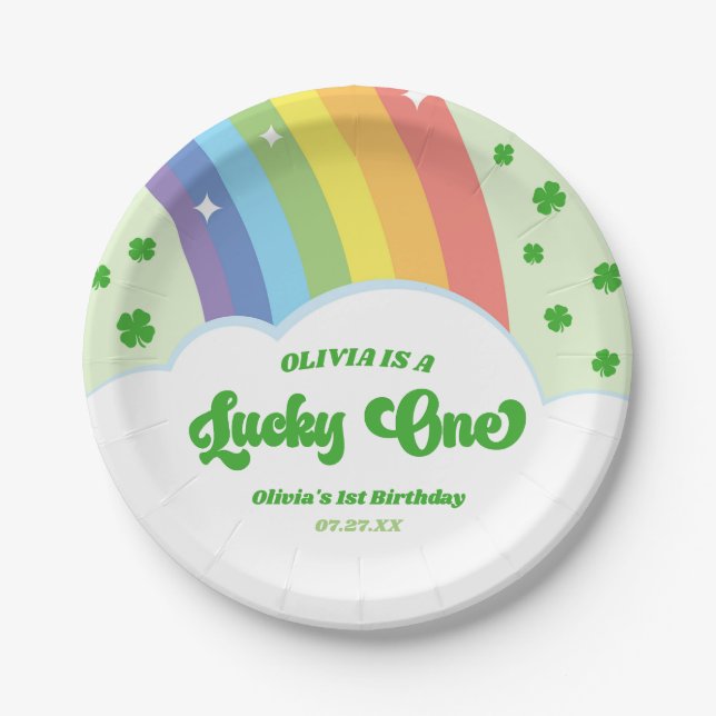Lucky One Lucky Charm Rainbow 1st Birthday Party Paper Plate (Front)