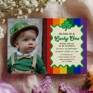 Lucky One Rainbow St. Patrick's 1st Birthday Photo Invitation