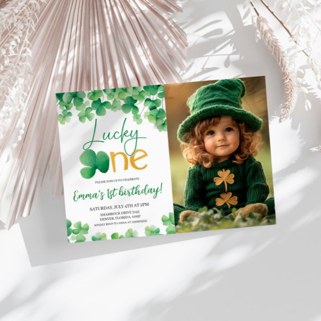 Lucky One Shamrock 1st Birthday Photo Invitation (Creator Uploaded)
