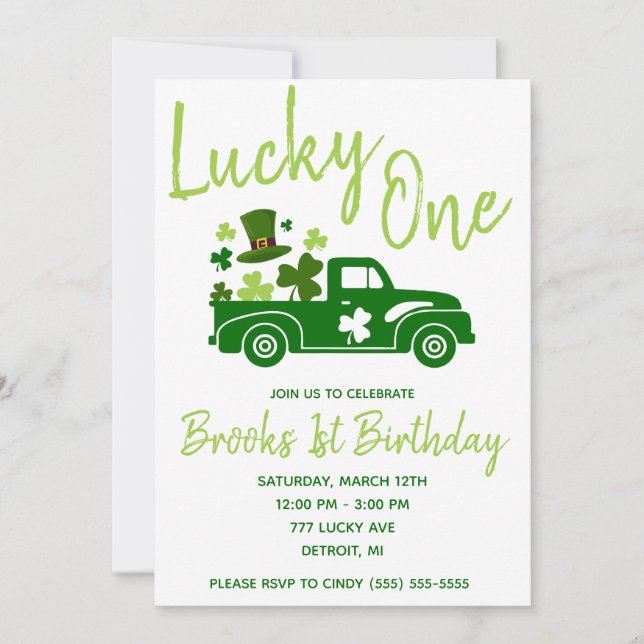 Lucky One, St. Patrick's Day Truck First Birthday Invitation (Front)