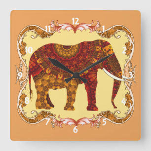 Lucky Ornate Patterned Indian Elephant Square Wall Clock