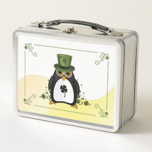 Lucky Penguin St. Patrick's Day Clover Green Hat Metal Lunch Box