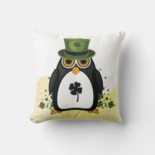 Lucky Penguin St. Patrick's Day Irish Clover Cozy Throw Pillow