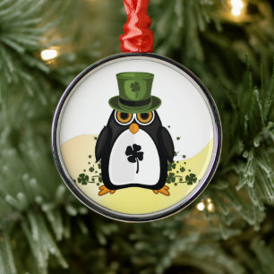 Lucky Penguin St. Patrick's Day Irish Clover Metal Ornament