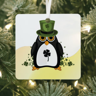 Lucky Penguin St. Patrick's Day Irish Clover Metal Ornament