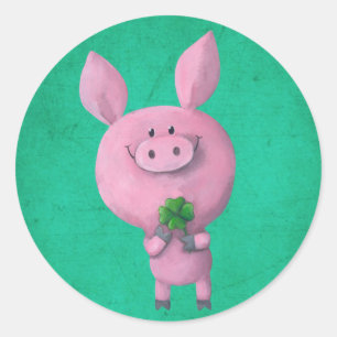 Lucky pig with lucky four leaf clover classic round sticker