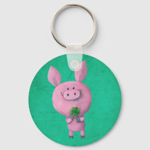 Lucky pig with lucky four leaf clover keychain