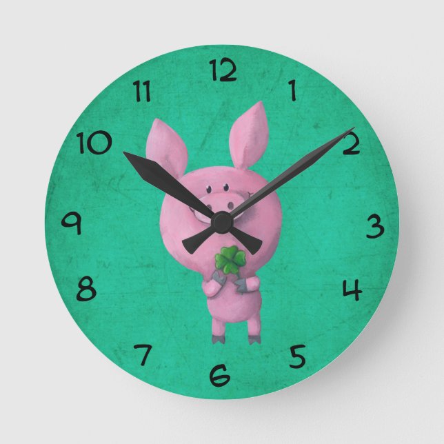 Lucky pig with lucky four leaf clover round clock (Front)