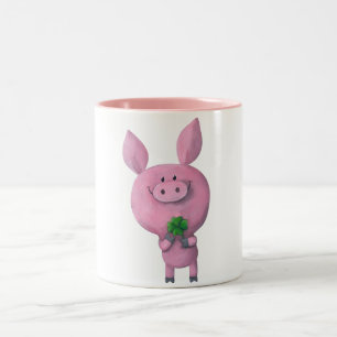 Lucky pig with lucky four leaf clover Two-Tone coffee mug