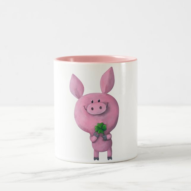 Lucky pig with lucky four leaf clover Two-Tone coffee mug (Center)