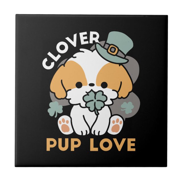 Lucky Pup with Clover – St. Patrick's Day Gift Tile (Front)