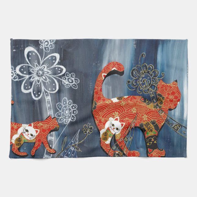 Lucky Red Cats Kitchen Towel (Horizontal)