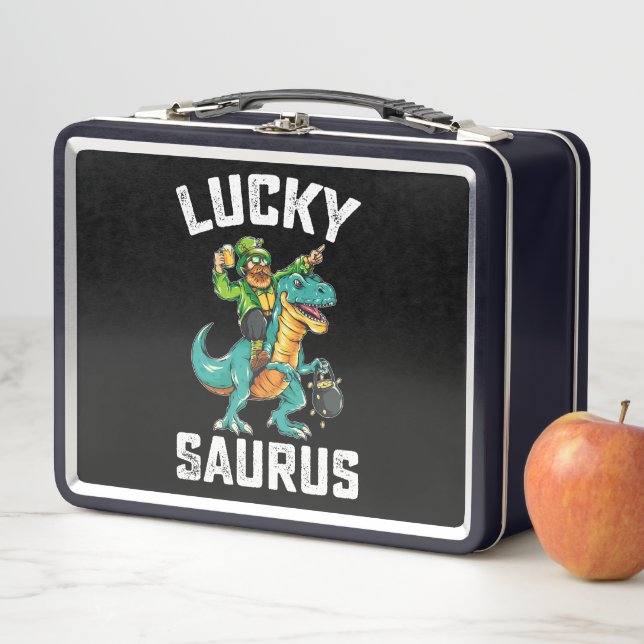 Lucky Saurus Dinosaur T Rex St Patrick's Day Metal Lunch Box (In Situ)