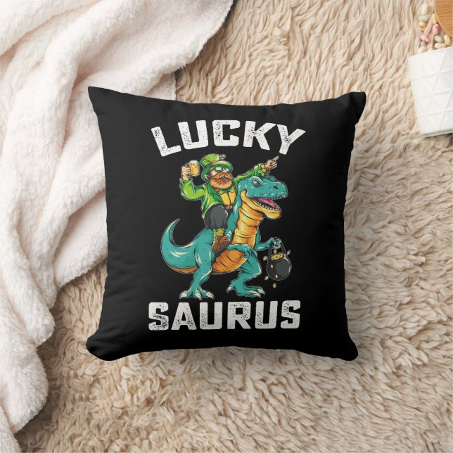 Lucky Saurus Dinosaur T Rex St Patrick's Day Throw Pillow (Blanket)