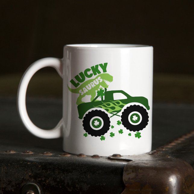 Lucky Saurus Rex Saint Patrick Dinosaur shamrock Two-Tone Coffee Mug (Creator Uploaded)