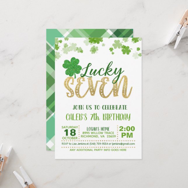 Lucky Seven Birthday Invitation (Front/Back In Situ)