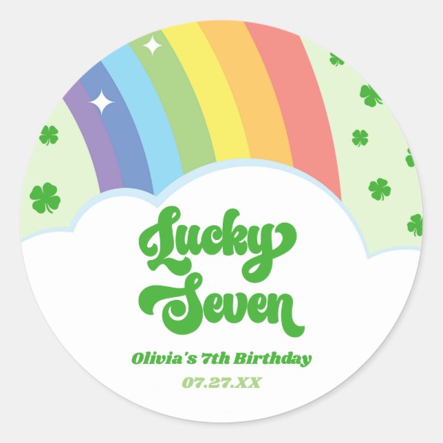 Lucky Seven Rainbow Clovers 7th Birthday Party Classic Round Sticker (Front)