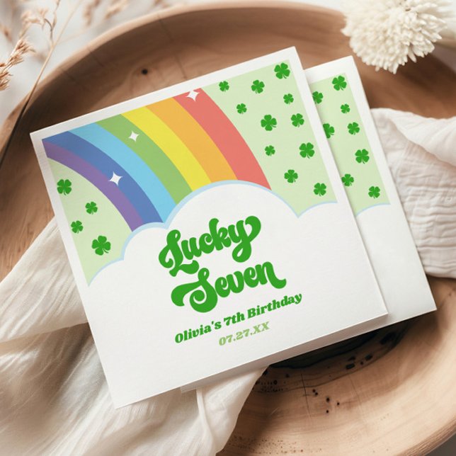 Lucky Seven Rainbow Clovers 7th Birthday Party Napkin (Creator Uploaded)
