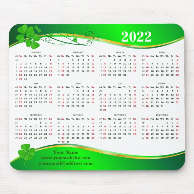 Lucky Shamrock  2022. Add your name.  e-mail, web  Mouse Pad (Front)