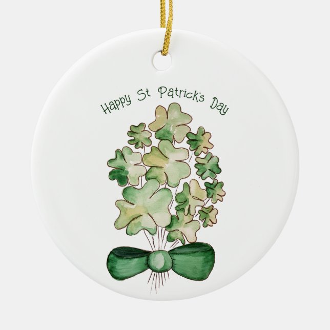 Lucky Shamrock Clover Watercolor Art Ceramic Ornament (Front)