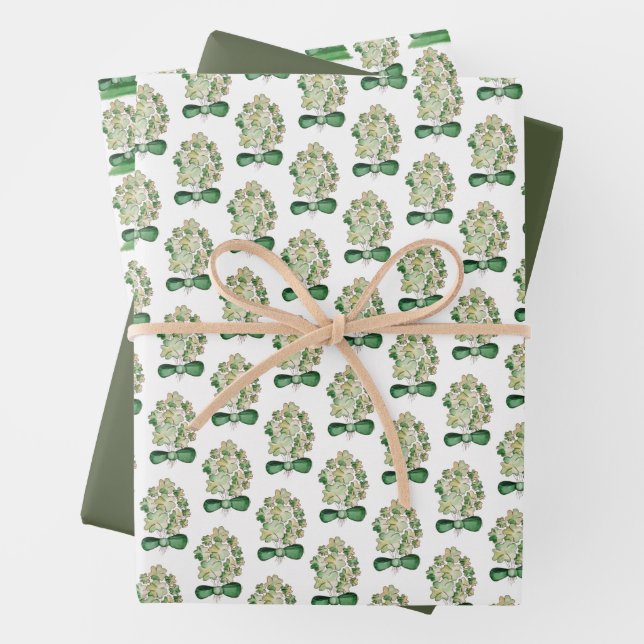 Lucky Shamrock Clover Watercolor Art Wrapping Paper Sheet (In situ)