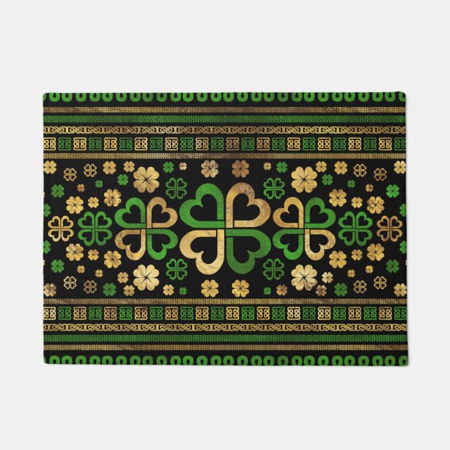 Lucky Shamrock Four-leaf Clover Green and Gold Doormat (Front)