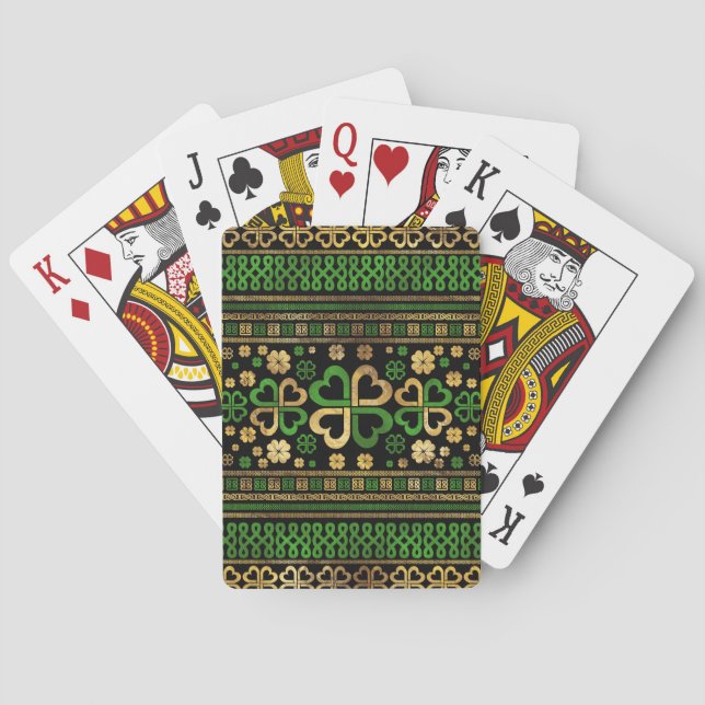 Lucky Shamrock Four-leaf Clover Green and Gold Playing Cards (Back)