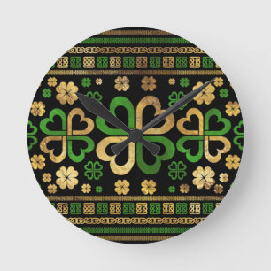 Lucky Shamrock Four-leaf Clover Green and Gold Round Clock