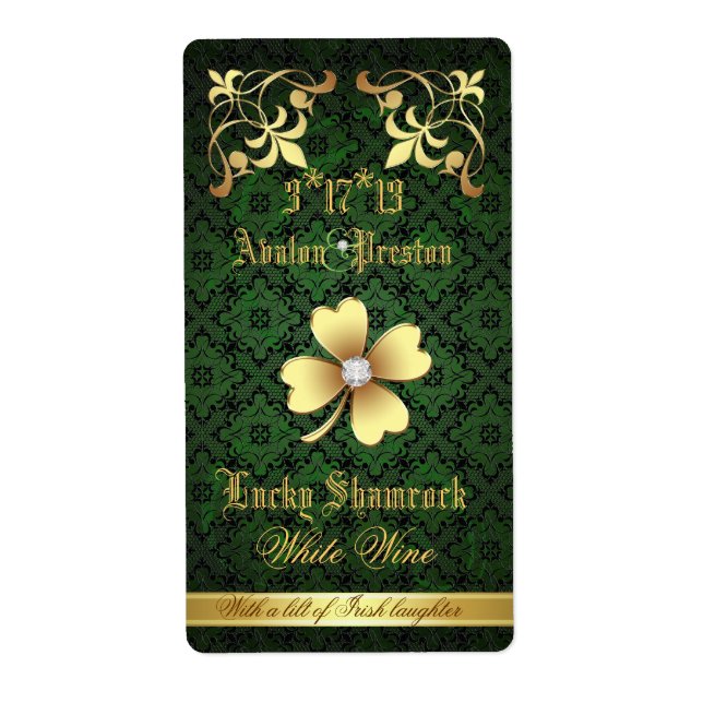 Lucky Shamrock Lace Wedding Wine Label (Front)