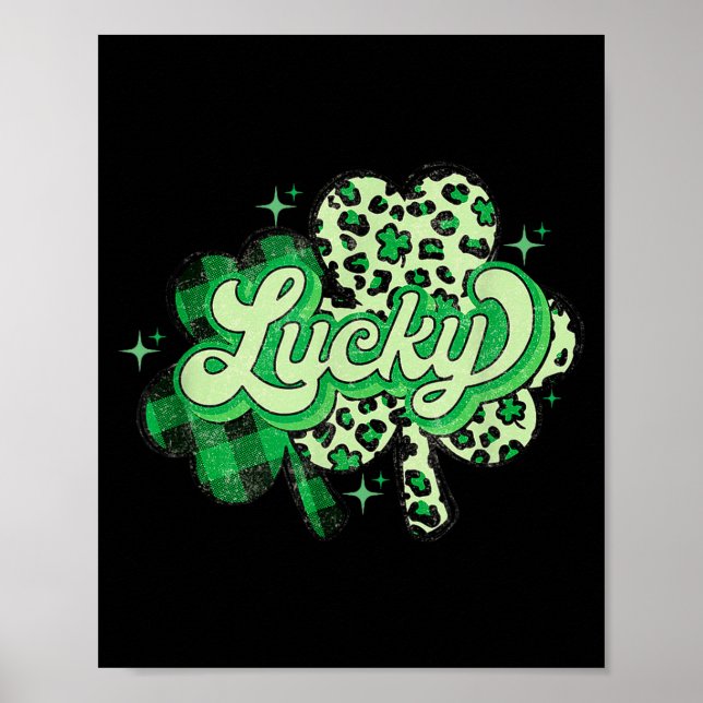 Lucky Shamrock Leopard,checkered Patricks Day Funn Poster (Front)