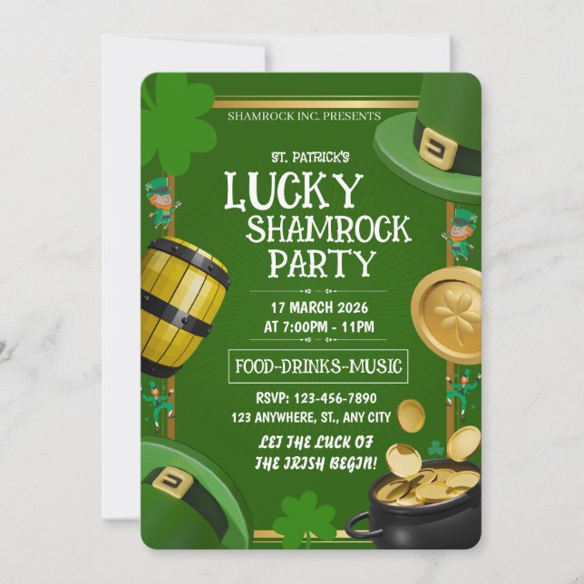 Lucky Shamrock Party St. Paddy's Day Customizable Invitation (Front)