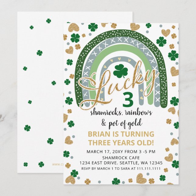 Lucky Shamrock Rainbow St Patrick Boy Birthday Invitation (Front/Back)