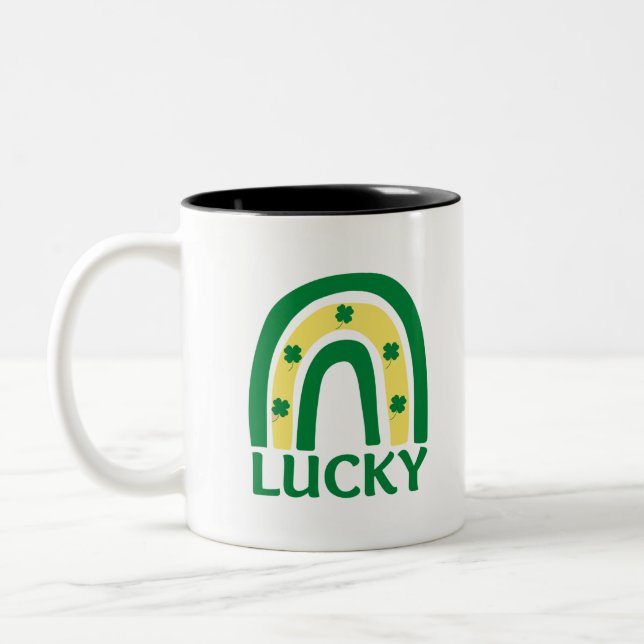Lucky Shamrock Rainbow St Patricks Two-Tone Coffee Mug (Left)