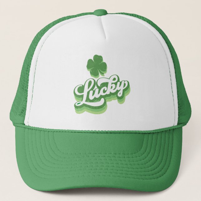 Lucky Shamrock St Patrick's Day Irish Trucker Hat (Front)