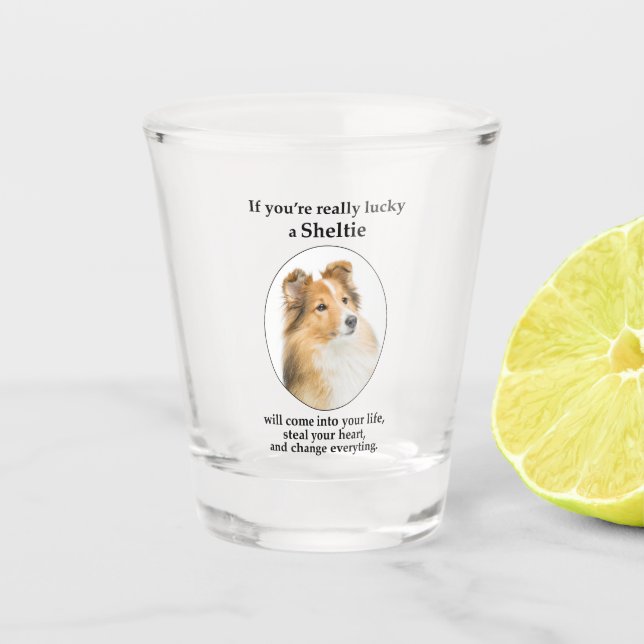 Lucky Sheltie Shot Glass (Front)