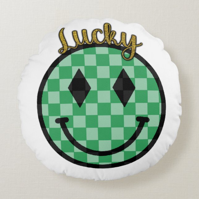 Lucky Smiley Face Green Gold Chequered Happy Face Round Pillow (Front)