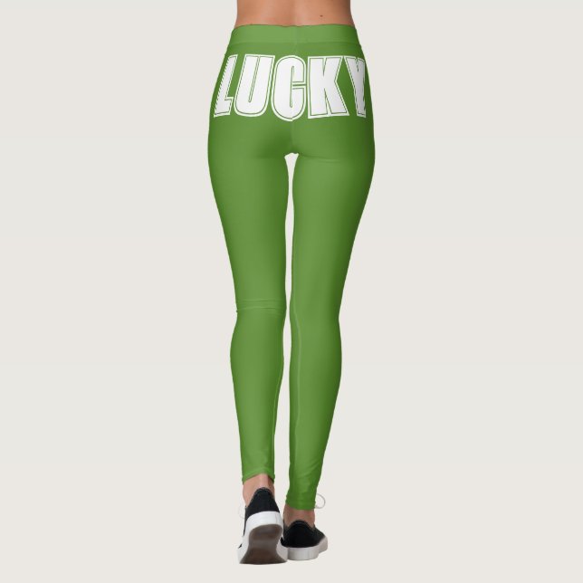 Lucky St Patricks Day Green Bold Typography Party Leggings (Back)