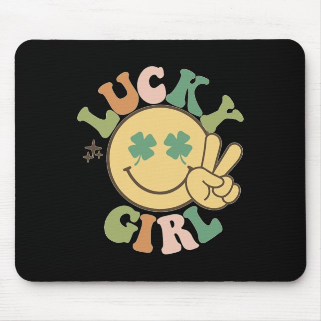 Lucky St. Patricks Day Retro Smiling Face Shamrock Mouse Pad (Front)