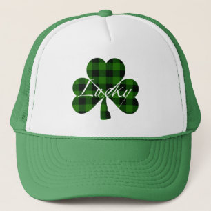 Lucky St. Patty’s Shamrocks   green plaid Trucker Hat