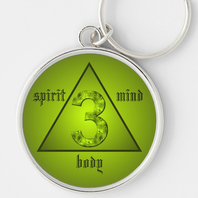 Lucky Three Green Triangle Mind Body Spirit Keychain (Front)
