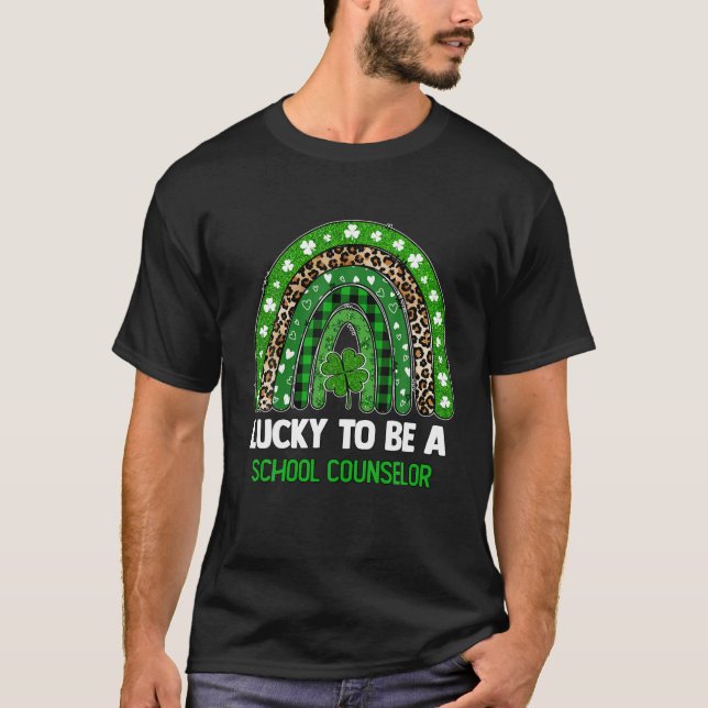 Lucky To Be A Counselor Leopard Rainbow St Patrick T-Shirt (Front)