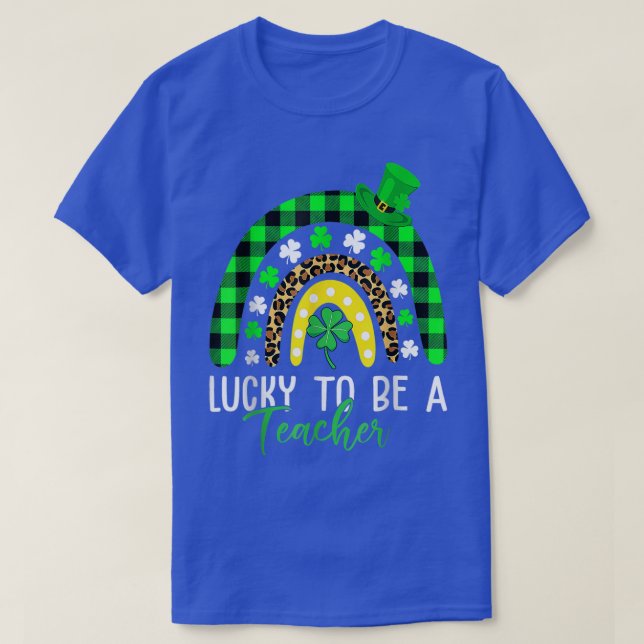 Lucky To Be A Teacher Leopard Print Rainbow St Pat T-Shirt (Design Front)