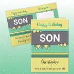 Lucky to have you son green and yellow birthday card<br><div class="desc">Personalize this Birthday Card for your son.
Designed in green,  yellow and gray.
Add his name and change text to suit.
We're so lucky to have you as our son.</div>