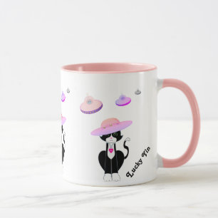 Lucky Tuxedo Cat and Flying Saucers Mug
