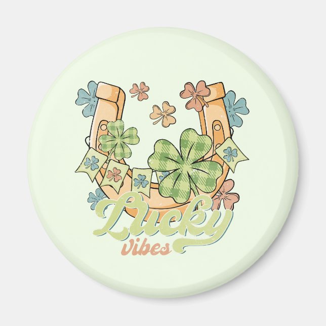 Lucky Vibes - Colourful Clovers & Golden Horseshoe Magnet (Front)