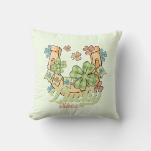 Lucky Vibes - Colourful Clovers & Golden Horseshoe Throw Pillow