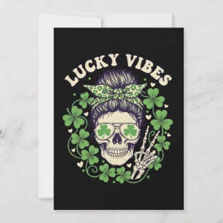 Lucky Vibes St Patricks Day Skull Leopard Shamrock Holiday Card